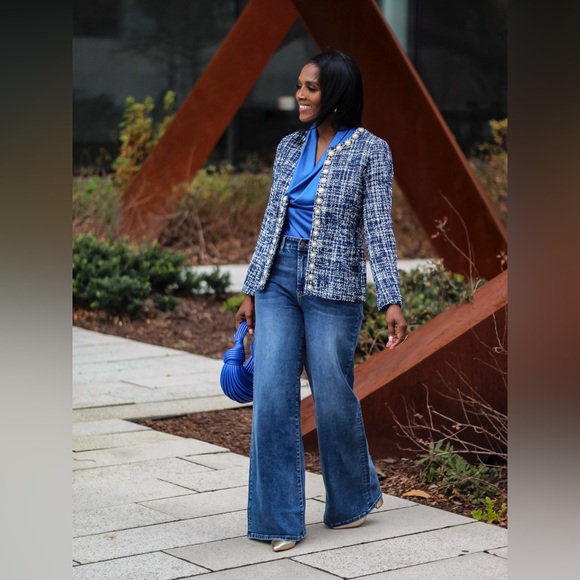 New Boston Proper Pearl Trim Tweed Parisian Jacket Navy Multi- Stunning - Picture 5 of 13